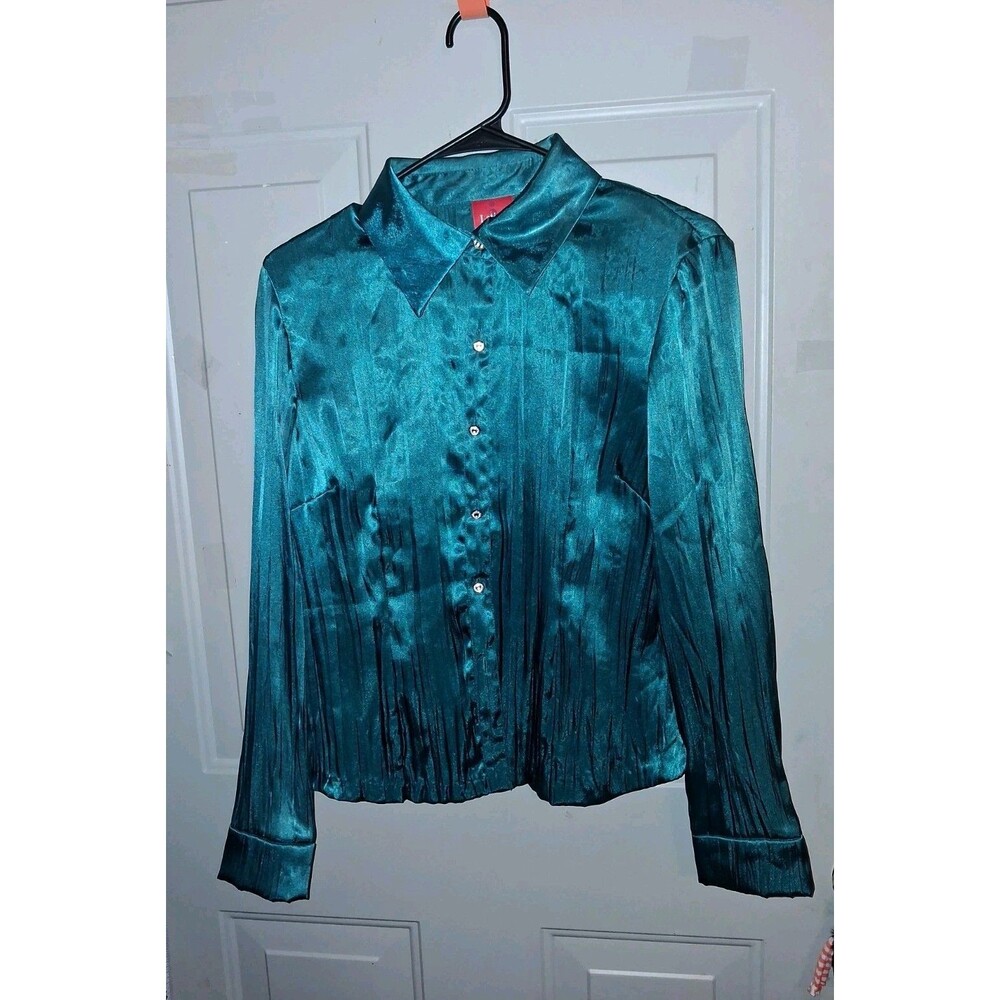 Latina Life Women's Green Satin Look Button Up Blouse Rhinestone Buttons